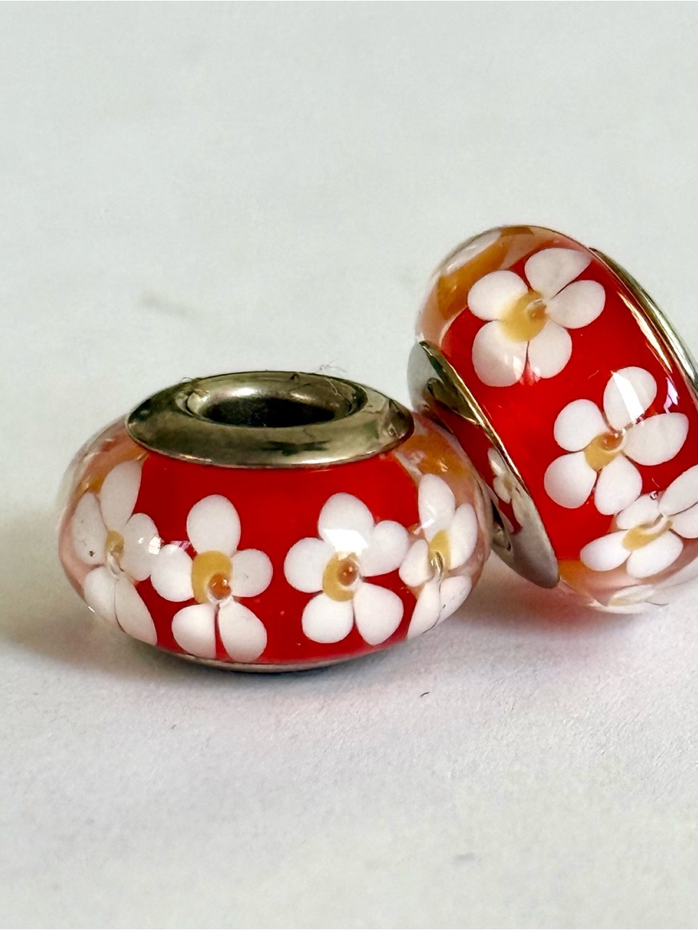Tropical Red Floral Murano Glass Charms set  - fit Pandora bracelets